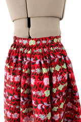 Early 1970s Lanvin by Jules-Francois Crahay Demi-Couture Printed Red Silk Skirt w Green & Lace Edging