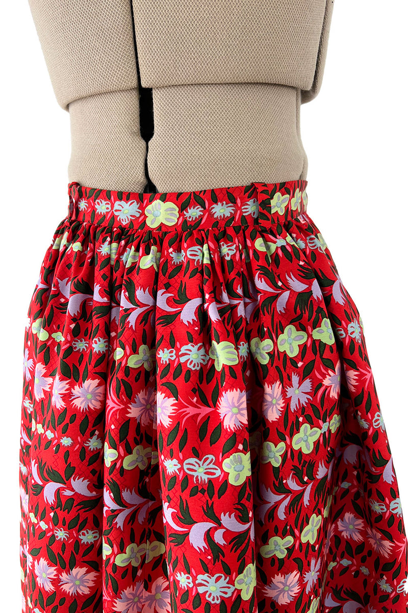 Early 1970s Lanvin by Jules-Francois Crahay Demi-Couture Printed Red Silk Skirt w Green & Lace Edging