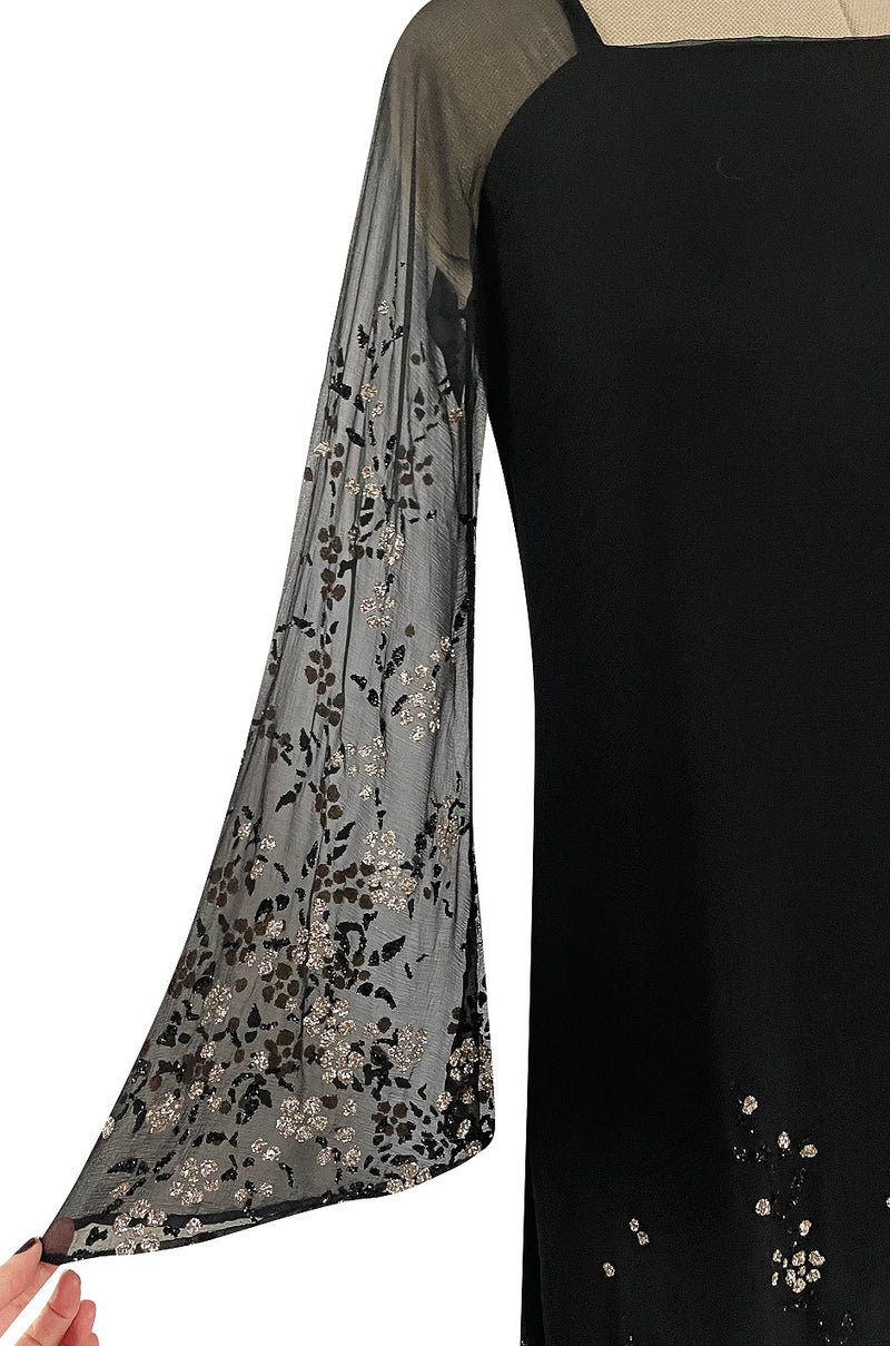 Late 1970s Pauline Trigere Black Silk Chiffon Dress w Silver Fused Glitter Flower Design