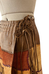 Extraordinary 1960s Char Hand Made Leather & Suede Wrap Scenic Patchwork Skirt