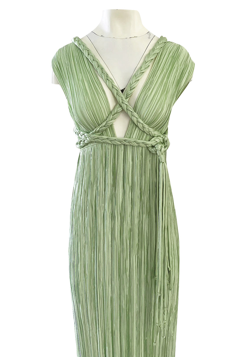 Exquisite 1970s Mary McFadden Back & Front Plunging Mint Green Pleated Dress