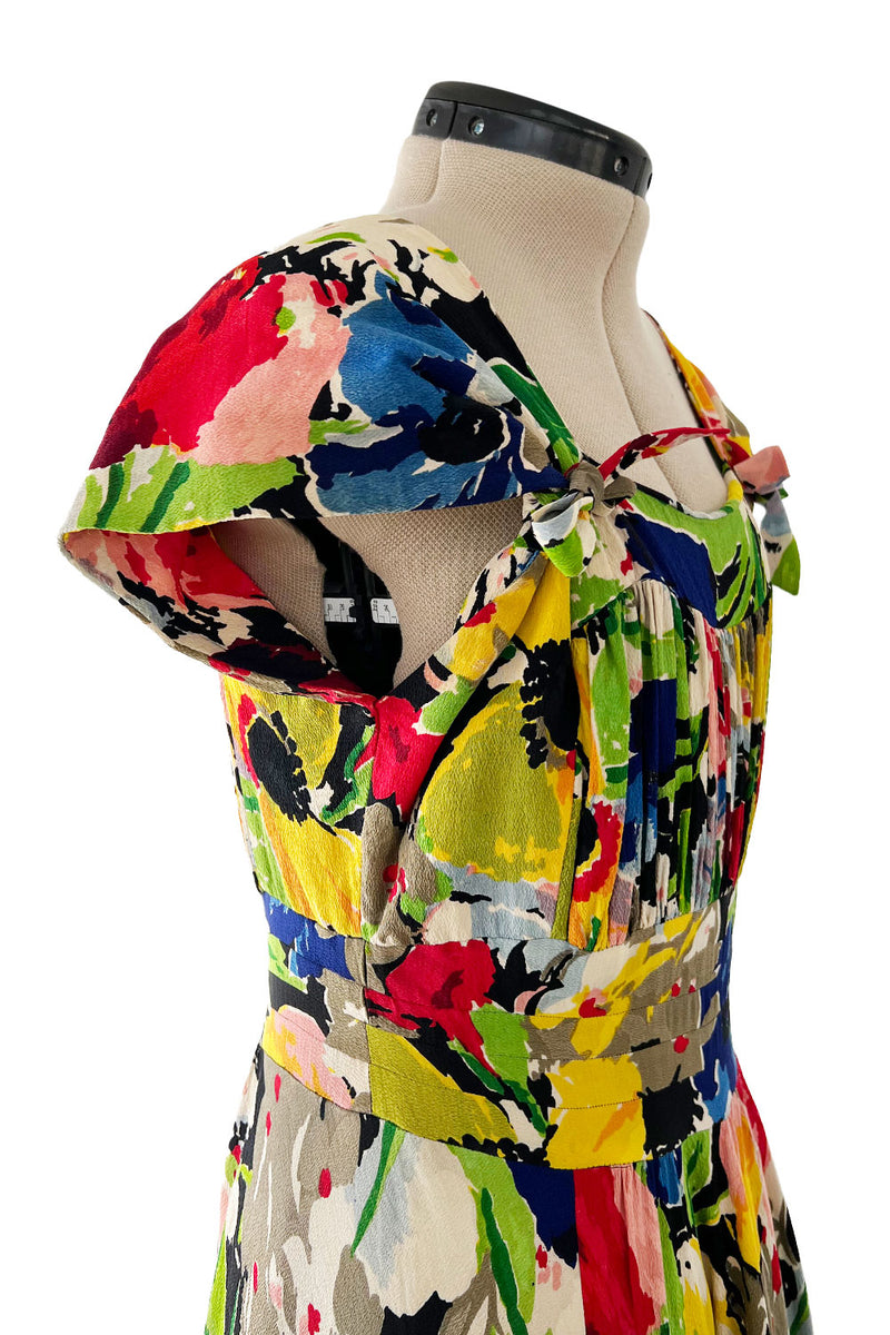 Outstanding 1930s Unlabeled Vibrant & Joyous Mutli Colour Floral Silk Crepe Dress