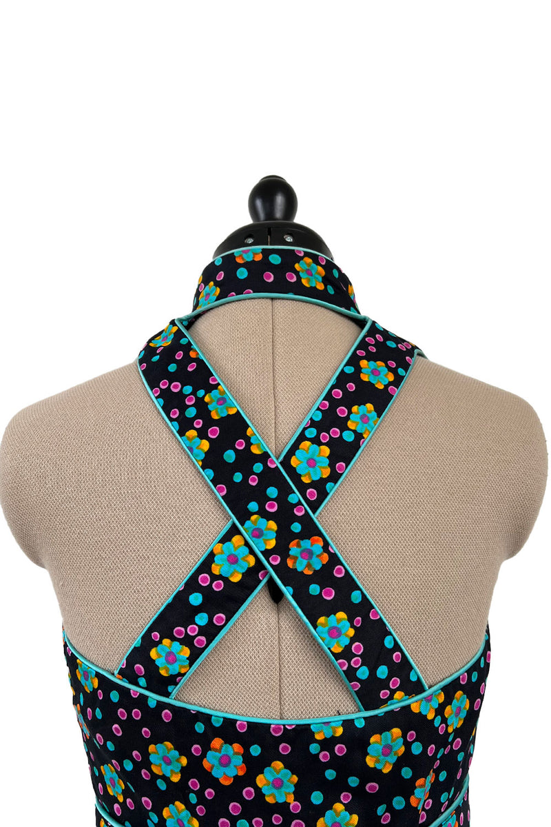 Prettiest Early 1970s Oscar de la Renta Floral Printed Halter Dress w Crossed Strap Open Back