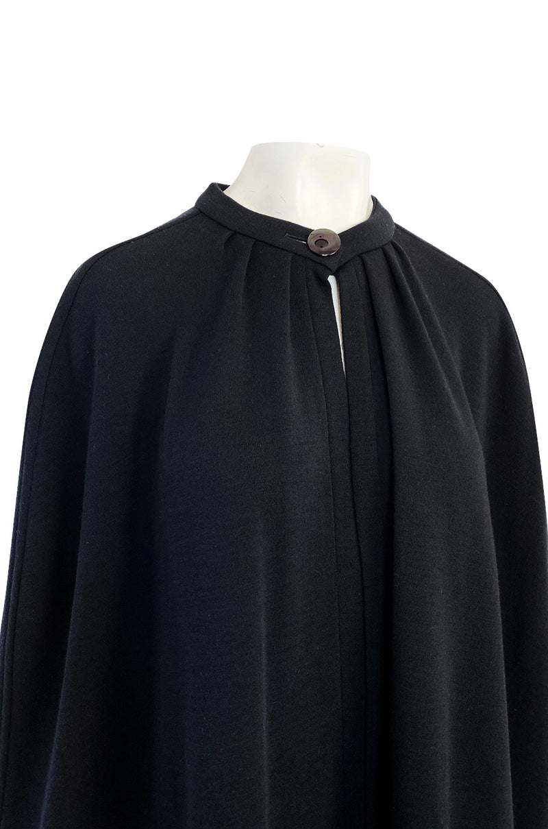 1970s Yves Saint Laurent Fine Black Wool Jersey Minimalist Cape w Button Neck