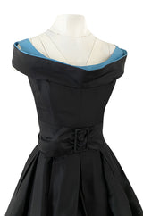 1950s Nettie Rosenstein Black Silk Full Skirted Dress w Interesting Blue Trim Neckline