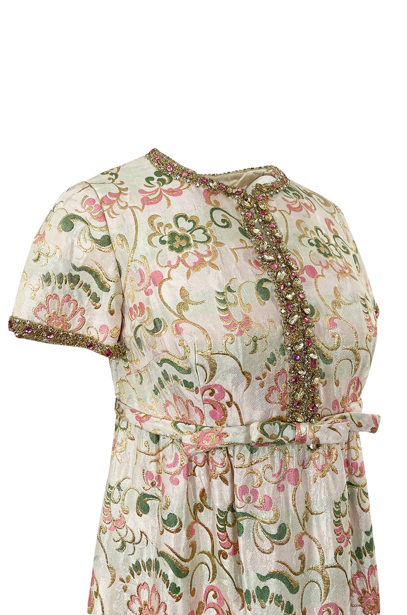1960s Nat Kaplan Silk Brocade Midi Dress w Elaborate Crystal Detailing