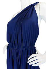 1970s Saks Youth Dimension Backless Jersey One Shoulder Blue Dress