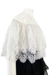 Prettiest 1970s Alfred Bosand Black & White Lace Tiered Off Shoulder Full Length Dress