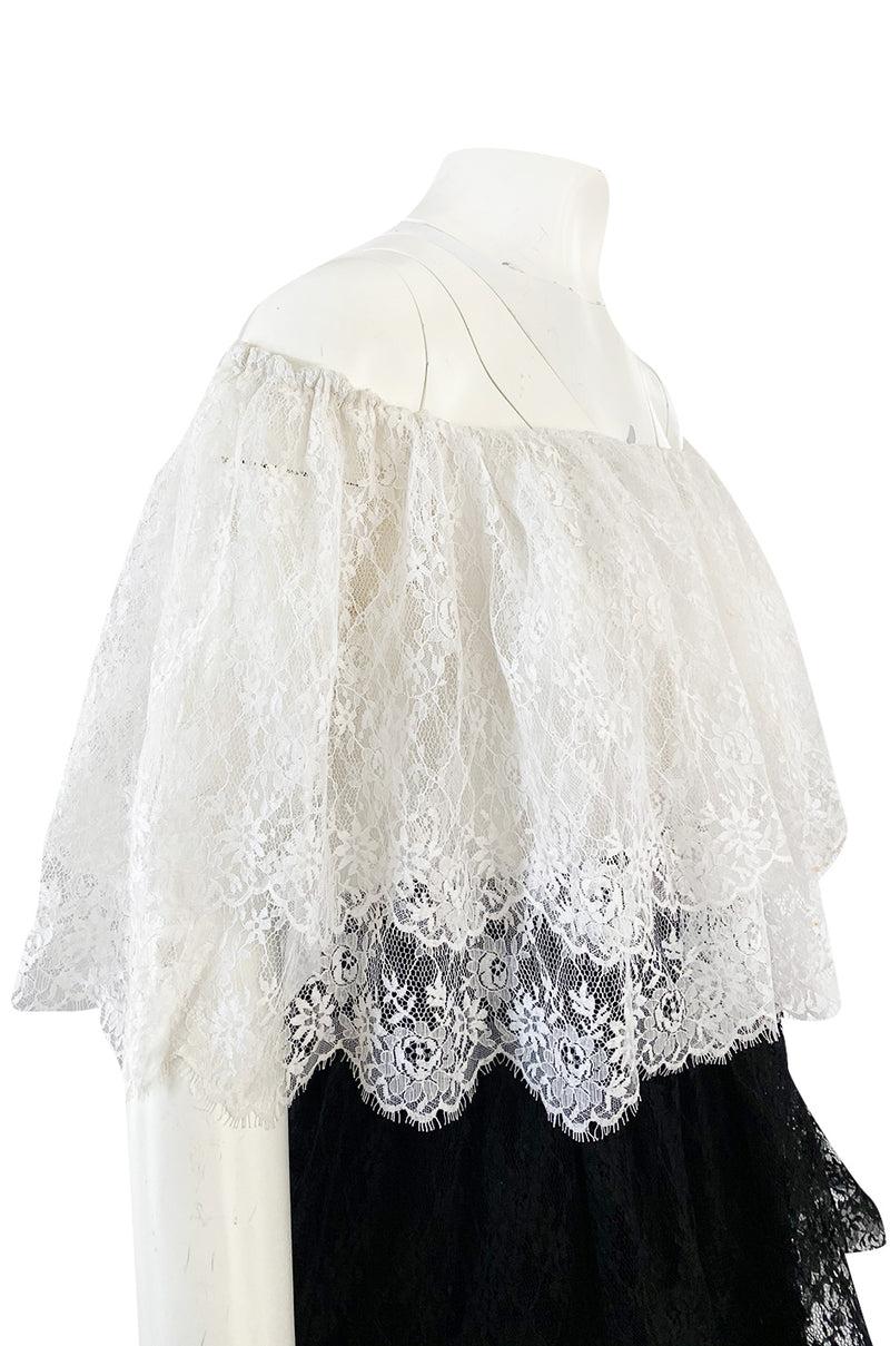 Prettiest 1970s Alfred Bosand Black & White Lace Tiered Off Shoulder Full Length Dress