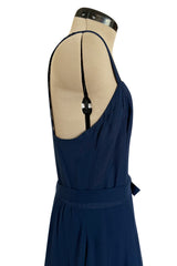 Chic 1970s Christian Dior by Marc Bohan Minimalist Blue Silk Chiffon Drop Waist Dress