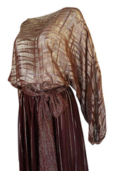 1978 Bill Blass Burgundy & Gold Lurex Striped Silk Chiffon Dress