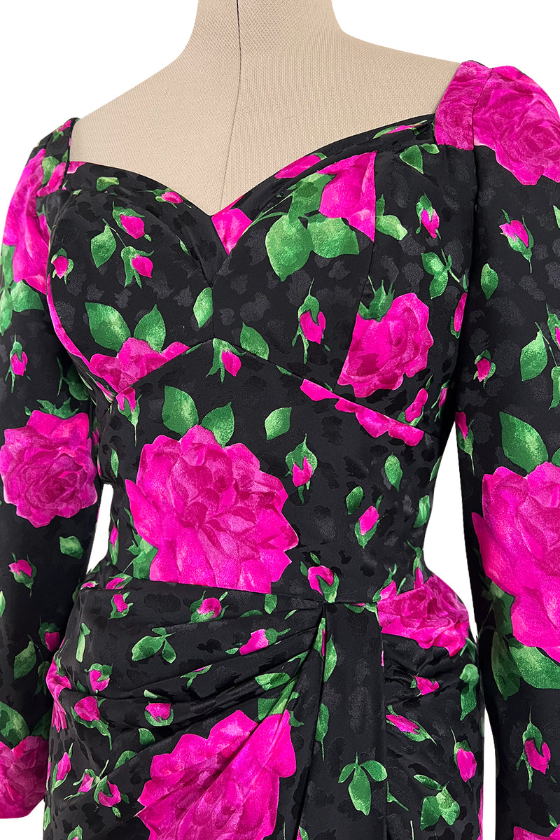 Prettiest 1980s Vicky Tiel Couture Hourglass Bright Pink Floral Print Silk Dress
