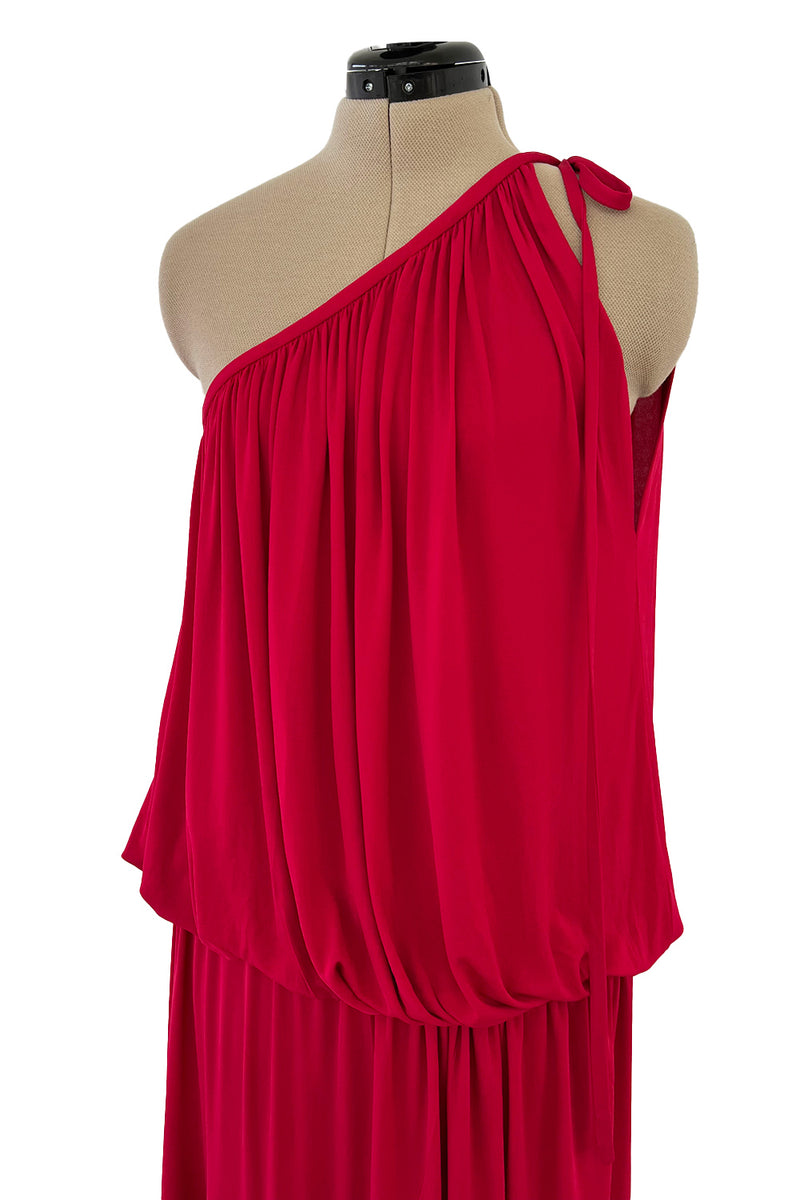 Spring 1982 Yves Saint Laurent Runway & Ad Campaign Red Jersey One Shoulder Dress