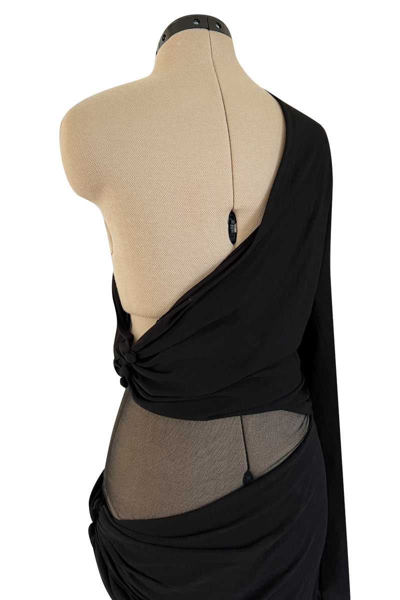 Spectacular Early 2000s John Anthony Couture Black Jersey & Mesh One Sleeve Dress
