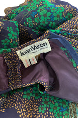 1970s Jean Varon Printed Green & Deep Blue Tiered Chiffon Caftan Dress