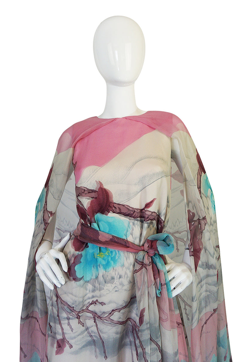 1970s Hanae Mori Couture Silk Chiffon Scenic Floral Dress