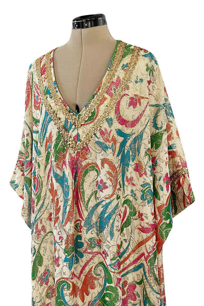 Gorgeous 1960s Lucie Ann Beverly Hills Gold Thread Lame Caftan w Sequin Detailing