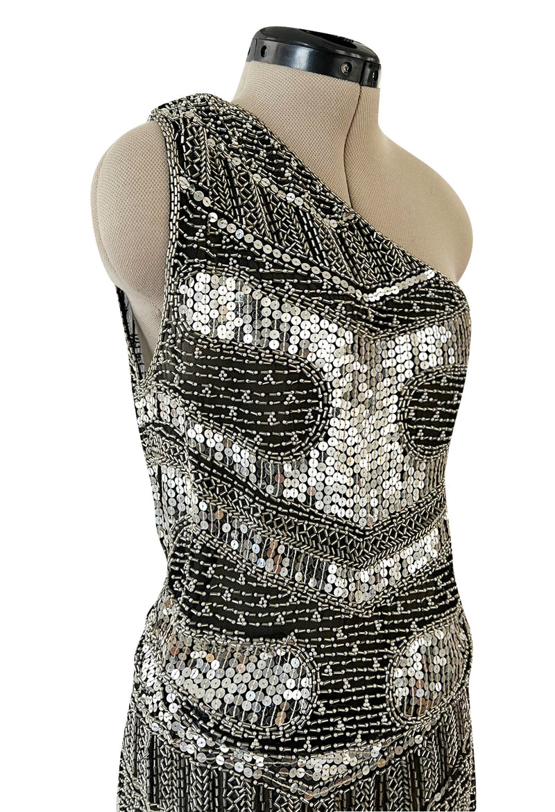 Spring 1981 Unlabeled Halston One Shoulder Silver Sequin & Black Silk Chiffon Dress