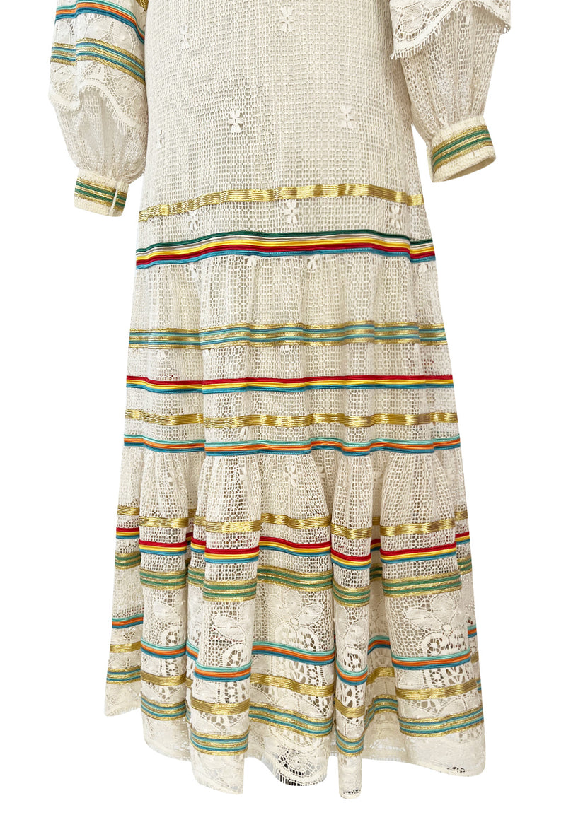 1975 Giorgio Sant' Angelo Hand Crochet Dress w Balloon Sleeves & Metallic Ribbon Detailing