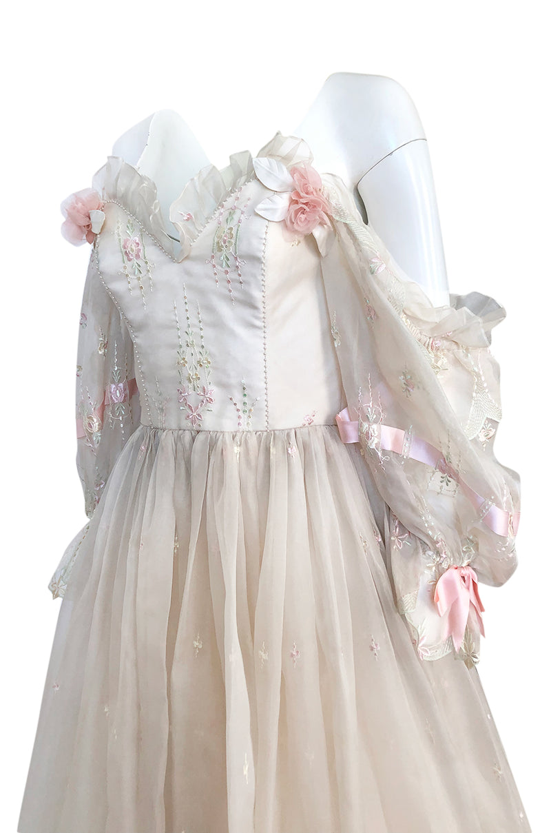 1980s Emanuel Custom Fairy Tale Embroidered & Ribboned Silk Organza Dress