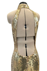 Rare Spring 1973 Loris Azzaro Ad Campaign Documented Gold Metallic Sequin Backless Halter Dress