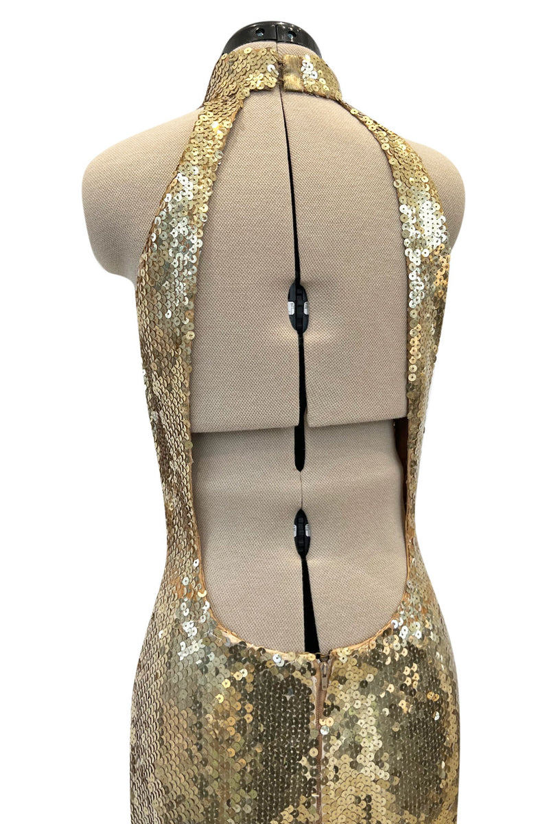 Rare Spring 1973 Loris Azzaro Ad Campaign Documented Gold Metallic Sequin Backless Halter Dress