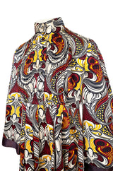 1972 Jean Muir Abstract Printed Silk Satin Dress w Pin Tuck Detailed Bodice