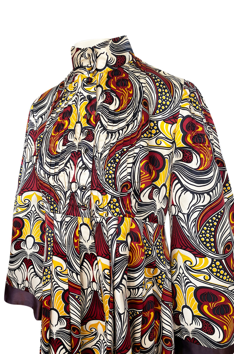 1972 Jean Muir Abstract Printed Silk Satin Dress w Pin Tuck Detailed Bodice