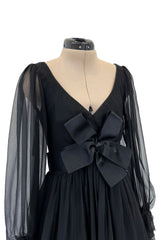 Incredible Fall 1993 Yves Saint Laurent Runway Black Silk Chiffon Dress W Ruffle Full Sleeves