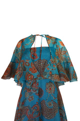 1960s Hardy Amies Deep Turquoise & Printed Silk Organza Dress w Matching Ruffled Capelet