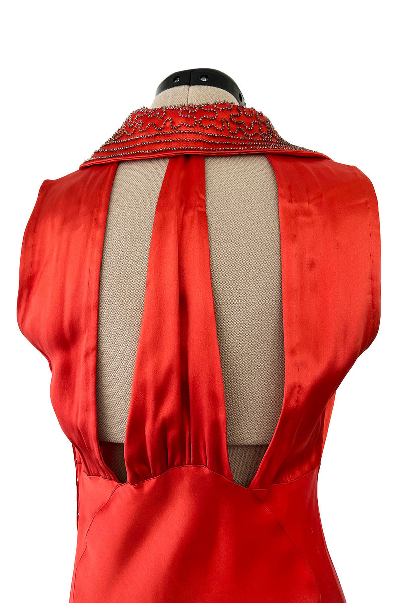 Gorgeous 1930s Coral Red Bias Cut Dress w Back Cut Outs & Matching Beaded Jacket