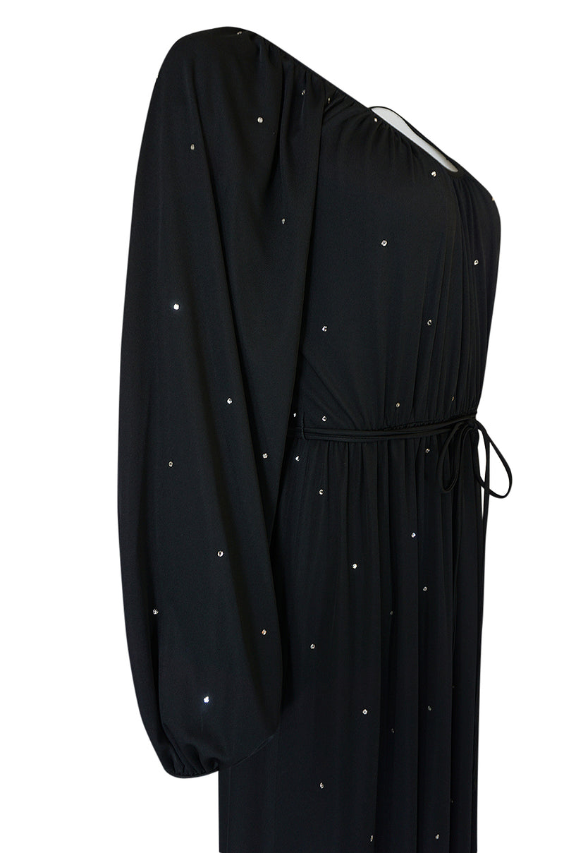 Documented c.1972 Donald Brooks Black Rhinestone Detailed Black Silk Jersey Dress