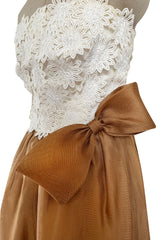 Prettiest 1994 Givenchy Couture Floral Crochet Bodice Dress w Gold Silk Skirting