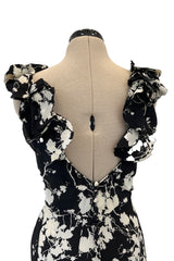 Prettiest 1930s Black & White Floral Print Bias Cut Silk Elaborate Ruffle Shoulder Dress