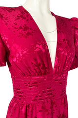 1980s Wayne Clark Pink Silk Plunging Neckline & Huge Pouf Sleeve Dress