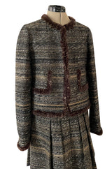 Stunning Fall 2005 Chanel Metallic Silk Mohair Fur Trimmed Tweed Jacket & Pleated Skirt Suit