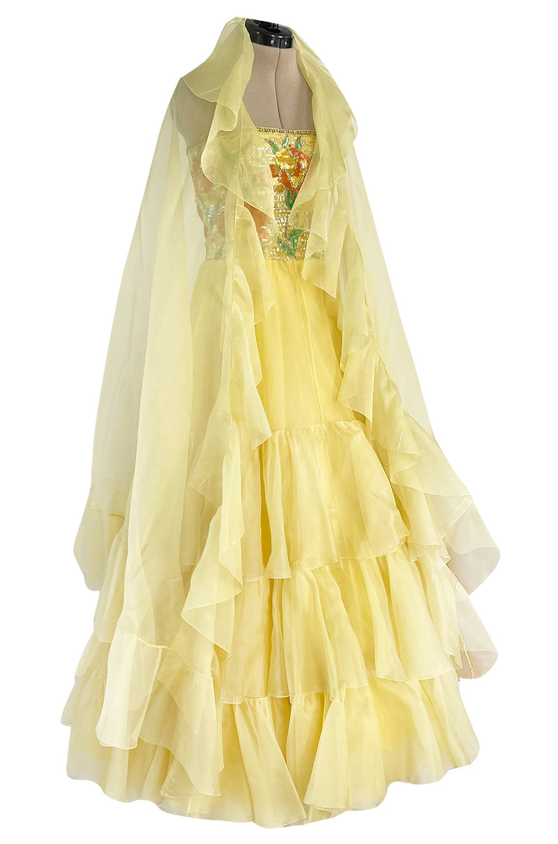 Spring 1977 Jean Louis Scherrer Haute Couture Strapless Floral Sequin Silk Dress w Matching Silk Cape