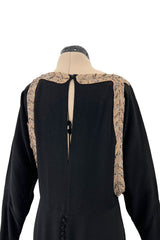 Fabulous 1930s Black Bias Cut Silk Crepe Dress w Unusual Rhinestone & Beaded Applique
