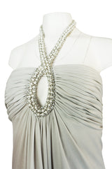 1970s Victoria Royal Pale Grey Jersey Dress w Jeweled Ring Collar