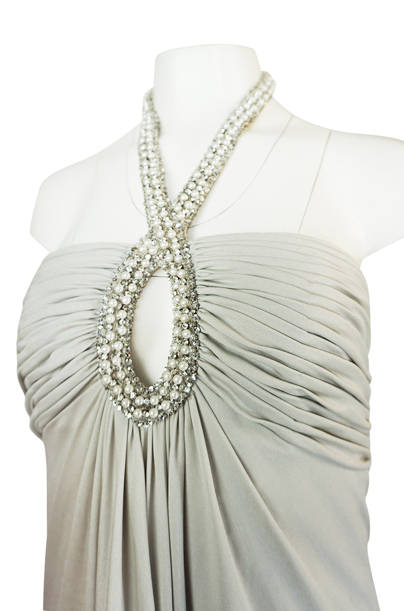 1970s Victoria Royal Pale Grey Jersey Dress w Jeweled Ring Collar