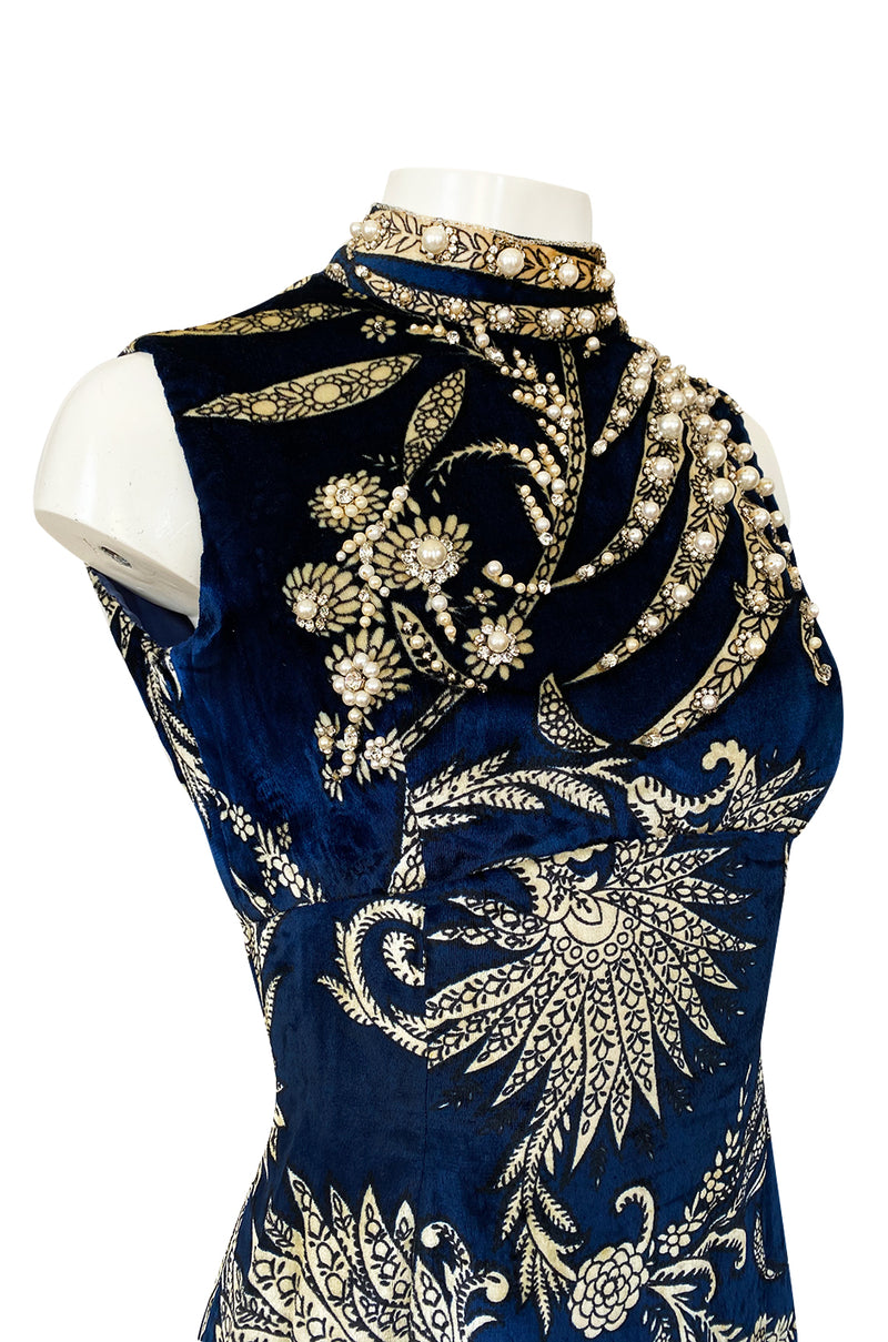 1960s George Halley Panne Velvet Dress w Pearl & Rhinestone Detailing