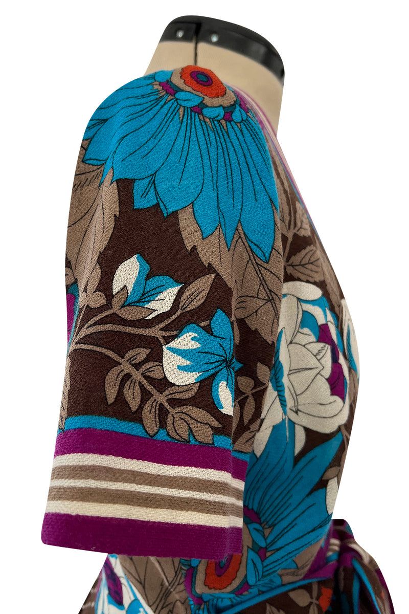 1972 - 1975 Lanvin by Jules-Francois Crahay Purple Brown & Blue Printed Floral Dress