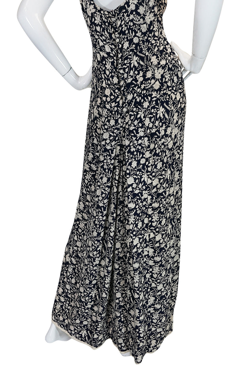 1930s Blue and Cream Bias Cut Silk Floral Print Dress