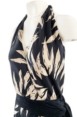 Gorgeous 1980s Valentino Haute Couture Black & Ivory Silk Print Plunging Halter Dress