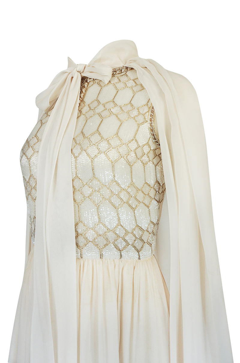 Spring 1961 Balmain Haute Couture Lesage Ivory Beaded Dress w Detachable Cape