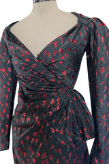 2019 Attico Micro Mini Red Metallic Rose Print Wrap Dress w Pouf Sleeves