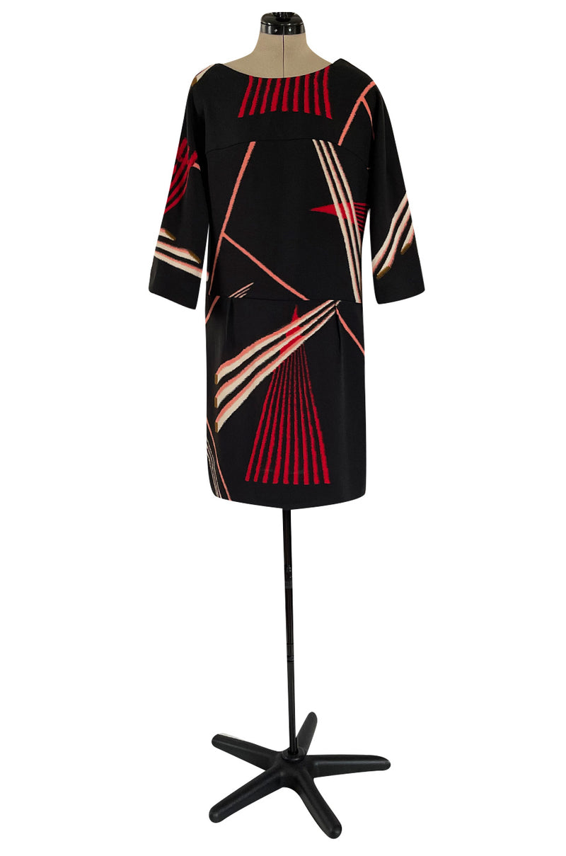 Fall 2007 Marni Black & Red Graphic Pattern Dress w V Neck That Can be Worn Back or Front