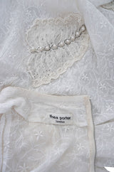 1970s Thea Porter White Embroidered Muslin Butterfly Applique Dress
