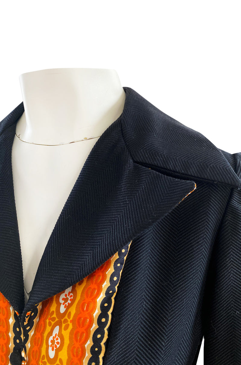 Late 1960s Oscar de la Renta Printed Orange & Black Jumpsuit w Extra Wide Side Slit Legs