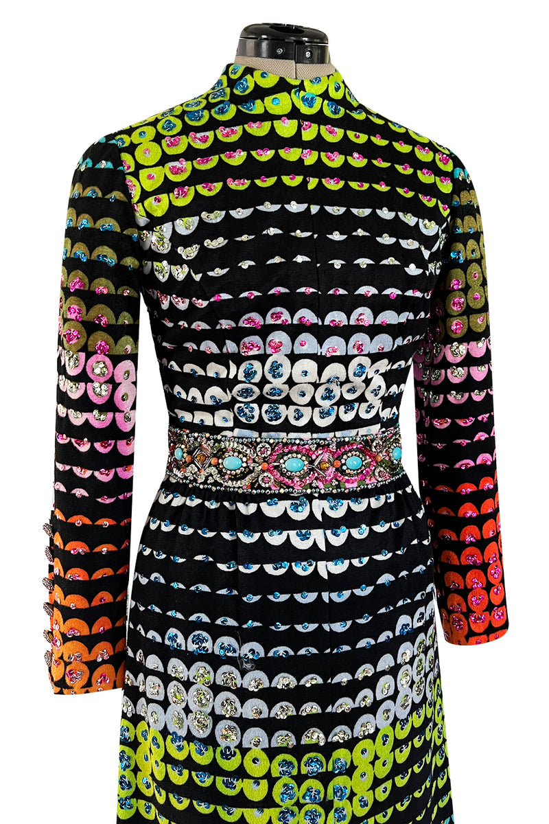 Amazing 1970s Unlabeled Valentina Inc. Rainbow Colored Elaborate Sequin & Bead Detailed Dress